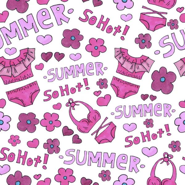 Pink lingerie seamless pattern. Marker Art underwear wallpaper design. Pattern hand drawn illustration. Bras and panties doodle. Summer packing background — Stock Photo, Image