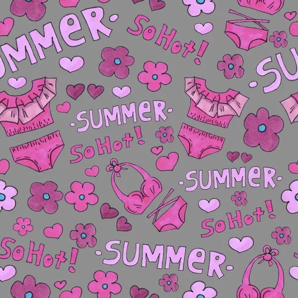 ピンクのランジェリーシームレスなパターン。マーカーアート下着壁紙デザイン。●模様手描きイラスト。ブラジャーとパンティー落書き。夏のパッキングの背景 — ストック写真