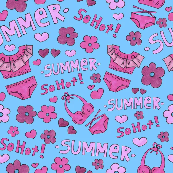 Pink lingerie seamless pattern. Marker Art underwear wallpaper design. Pattern hand drawn illustration. Bras and panties doodle. Summer packing background — Stock Photo, Image