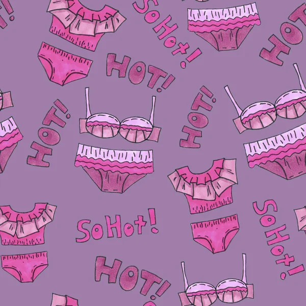 Pink lingerie seamless pattern. Marker Art underwear wallpaper design. Pattern hand drawn illustration. Bras and panties doodle. Fashion packing background — Stock Photo, Image