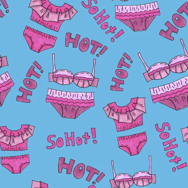 Pembe iç çamaşırı dikişsiz desen. Marker Sanat iç çamaşırı duvar kağıdı tasarımı. Desen el çizilmiş illüstrasyon. Sütyenler ve külot karalama. Moda ambalaj arka plan