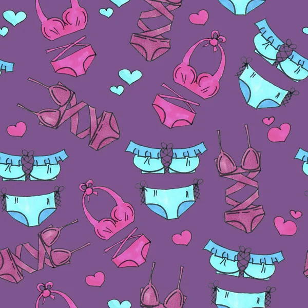 핑크와 블루 란제리 이음새가 있는 패턴. 마커 아트 속옷 벽지 디자인입니다. 패턴 손으로 그린 그림입니다. 브래지어와 팬티 낙서. 섹시한 포장 배경 — 스톡 사진