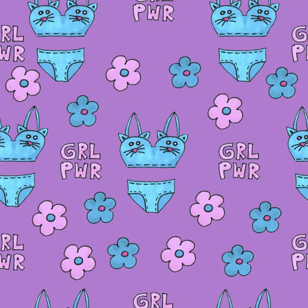 Blue lingerie seamless pattern. Marker Art underwear wallpaper design. Pattern hand drawn illustration. Bras and panties doodle. Sexy packing background Royalty Free Stock Images