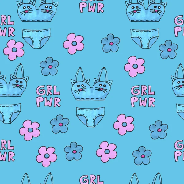 Blue lingerie seamless pattern. Marker Art underwear wallpaper design. Pattern hand drawn illustration. Bras and panties doodle. Sexy packing background Stock Photo