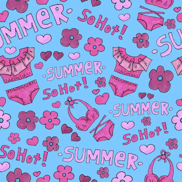 Pink lingerie seamless pattern. Marker Art underwear wallpaper design. Pattern hand drawn illustration. Bras and panties doodle. Summer packing background Royalty Free Stock Photos