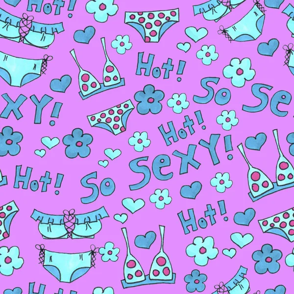 Blue lingerie seamless pattern. Marker Art underwear wallpaper design. Pattern hand drawn illustration. Bras and panties doodle. Fashion packing background Royalty Free Stock Images