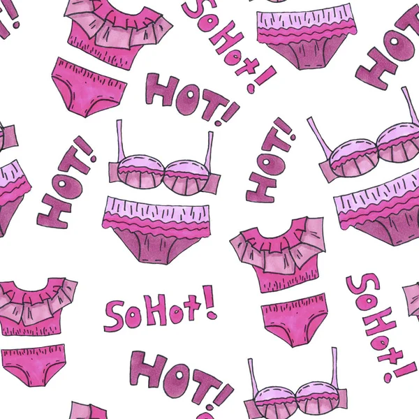 RGBPink lingerie seamless pattern. Marker Art underwear wallpaper design. Pattern hand drawn illustration. Bras and panties doodle. Fashion packing background Stock Picture