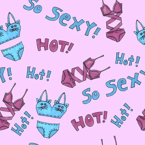 Pink and Blue lingerie seamless pattern. Marker Art underwear wallpaper design. Pattern hand drawn illustration. Bras and panties doodle. Sexy packing background Stock Image
