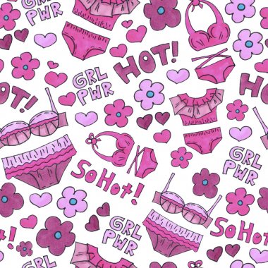 Pembe iç çamaşırı dikişsiz desen. Marker Sanat iç çamaşırı duvar kağıdı tasarımı. Desen el çizilmiş illüstrasyon. Sütyenler ve külot karalama. Moda ambalaj arka plan