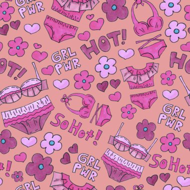 Pembe iç çamaşırı dikişsiz desen. Marker Sanat iç çamaşırı duvar kağıdı tasarımı. Desen el çizilmiş illüstrasyon. Sütyenler ve külot karalama. Moda ambalaj arka plan
