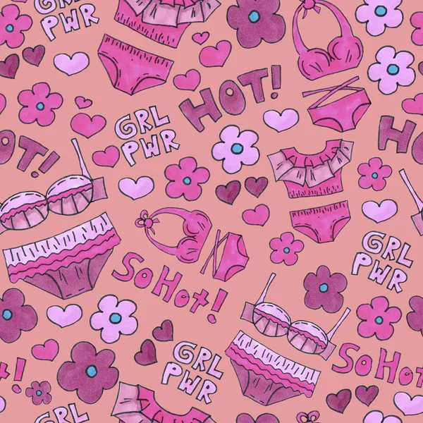 Pembe iç çamaşırı dikişsiz desen. Marker Sanat iç çamaşırı duvar kağıdı tasarımı. Desen el çizilmiş illüstrasyon. Sütyenler ve külot karalama. Moda ambalaj arka plan