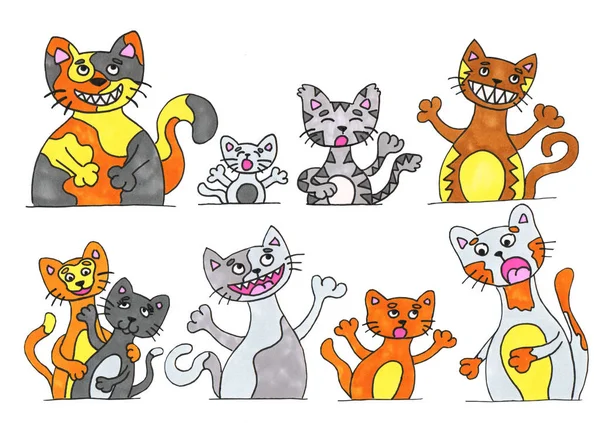 Conjunto Ilustrações Gatos Engraçados Marcador Arte Para Cartões Crianças Arte — Fotografia de Stock