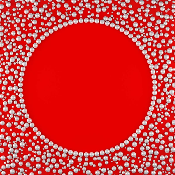 Elegant background of white pearls on a circle on a red base. Chaotic arrangement of pearls of different sizes. Vintage style. Illustration.