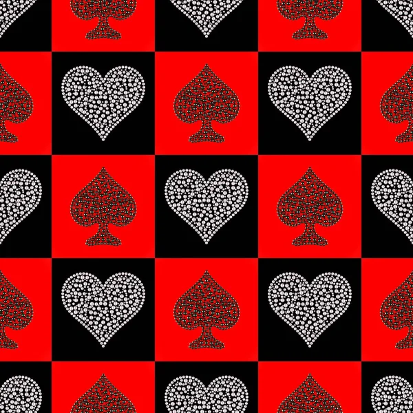 Seamless pattern of card suits Spades and Hearts. Spades consists of black pearls, Hearts from white pearls. The alternating arrangement of card suits. Illustration.