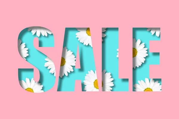 Inscription sale on a pastel pink  background. Letters in the form of a stencil. Inside are randomly located daisies. 3d Illustration. Flower decoration of the selling theme.