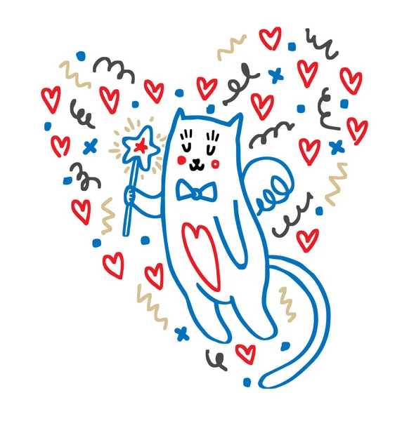 卡通猫丘比特与心的模式。情人节贺卡, 保存日期卡 — 图库矢量图片