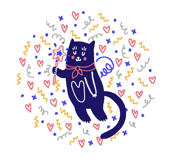 Grazioso gatto illustrazione disegnato a mano con motivo romantico. Illustrazione romantica per San Valentino Day Card, salvare le carte di data, carte, volantini, eccetera. - Grafica vettoriale — Vettoriale Stock