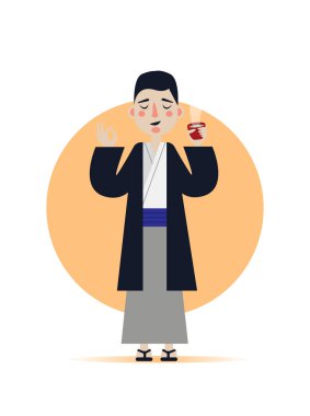 Asya adam çay keyfi. Vektör çizim elbise kostüm