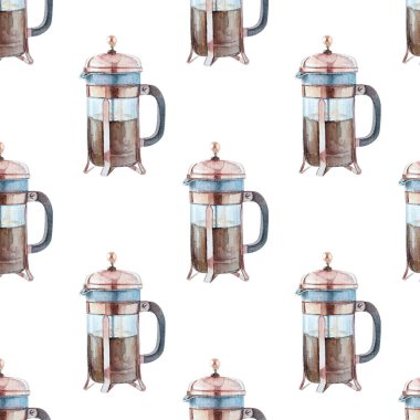 Beyaz arka planda eski moda kahve demliği ile sulu boya desenli.