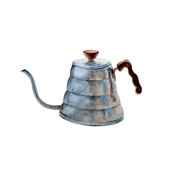 Акварельний гусячий ніс чайник для заварювання кави на білому тлі — стокове фото