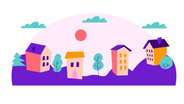 Akşamları evler ve tepelerle dolu renkli şehir manzarası