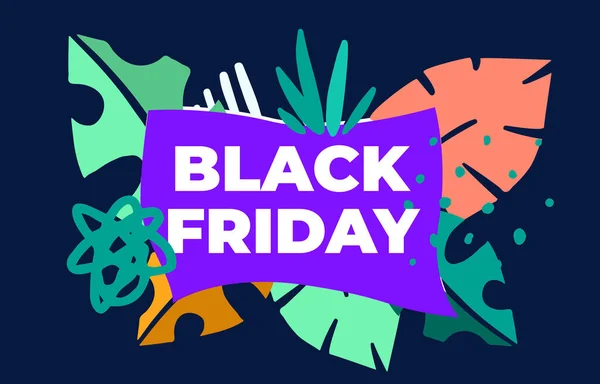 Kara Cuma indirimi, alışveriş posteri. Koyu arka planda yeşil ve turuncu yapraklı mevsimlik indirimli pankart. Reklam için tatil tasarım şablonu