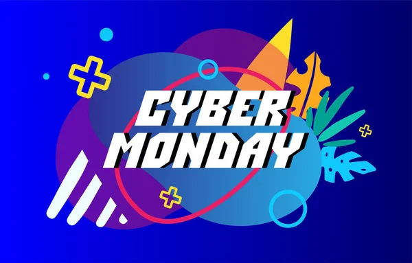 Siber pazartesi teklifi için şablon tasarımı geometrik web afişi. Siber satış için geometrik parçacıklara sahip hatalı harfler. vektör tanıtım tasarımı