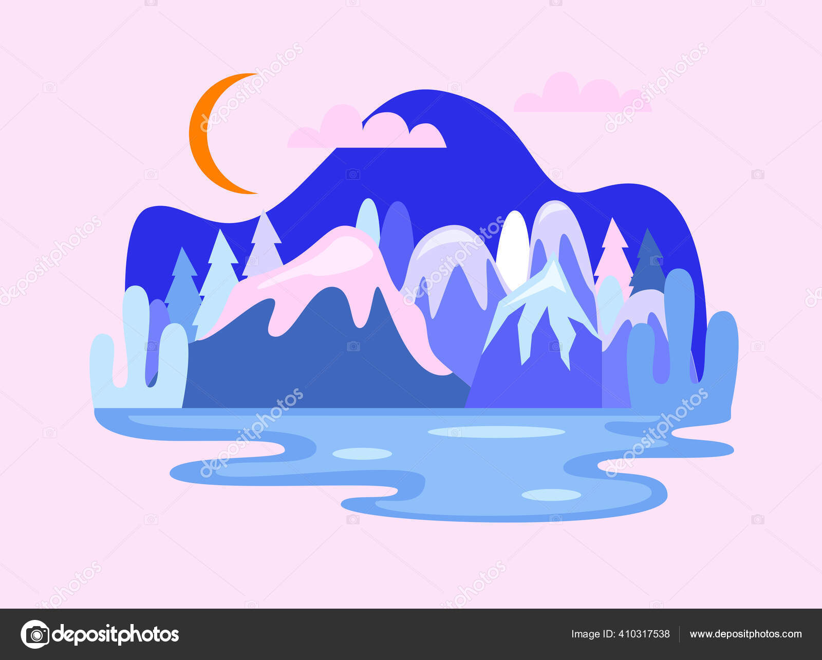 Malam Kartun Pemandangan Vektor Musim Dingin Dengan Gunung Bukit Langit Bulan Dan Danau Beku Stok Vektor C The Besit 410317538