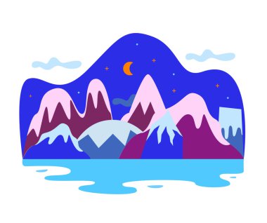 Dağlar, tepeler, gökyüzü, ay ve göl manzaralı karikatür akşam manzarası.