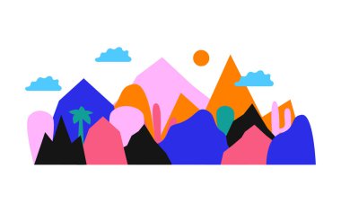 Renkli dağların, tropik ağaçların ve sarkıtların olduğu düz vektör çizimi. Afişler, yemek paketleri, afişler için güzel manzara..