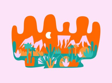 Tepelerin ve dağların düz bir temsili. Akşam manzarası tepeler, kaya karı, tropikal ağaçlar ve gökyüzü, açık hava konsepti.