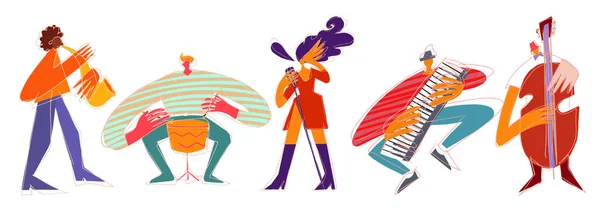 Çizgi film vektörü caz müzisyenleri ve vokalistleri modern tarzda beyaz arka planda izole edilmiş.