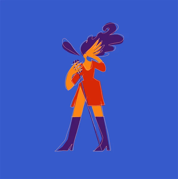 Cantor de jazz profissional, vocalista ou songstress vestindo elegante vestido de noite vermelho e segurando suporte de microfone. Personagem de desenho animado feminino isolado em fundo azul. Ilustração vetorial. — Vetor de Stock