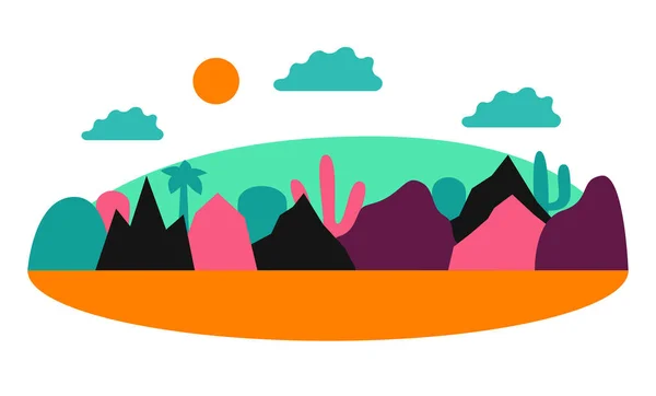 Vektorflache Illustration mit farbenfrohen Bergen, tropischen Bäumen und Klumpen. Nettes Design für Banner, Lebensmittelverpackungen, Poster. — Stockvektor