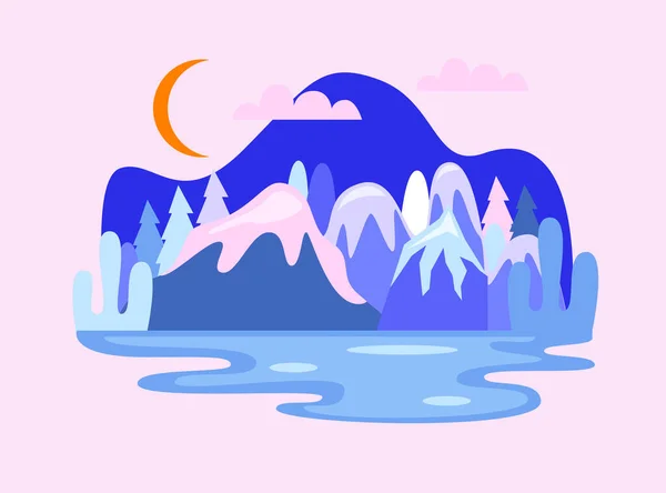 卡通黄昏冬季景观矢量景观与高山，山丘，天空，月亮和冰冻的湖泊. — 图库矢量图片