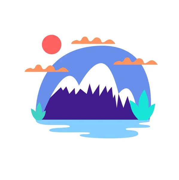 Vector plano de una sola montaña con lago y cielo. Diseño de concierto al aire libre — Vector de stock