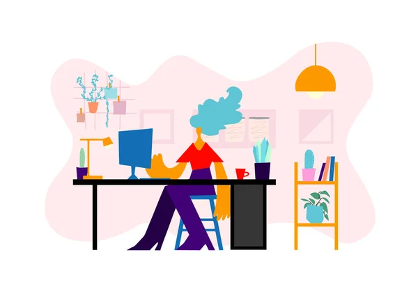 Mujer Estilo Plano Trabajando Mesa Con Ordenador Portátil Lugar Trabajo — Vector de stock