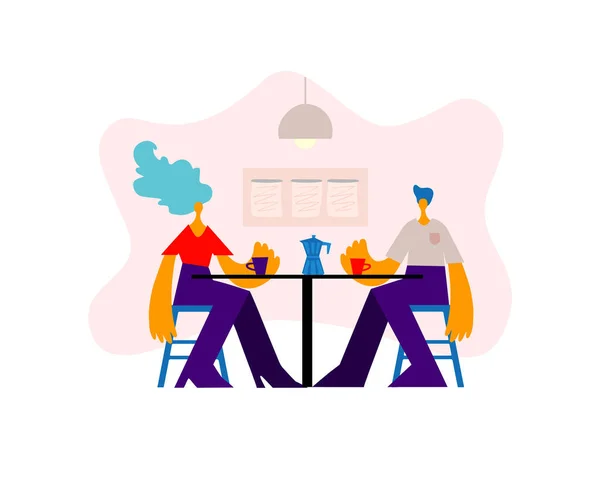 Ευτυχισμένος Άντρας Και Γυναίκα Κάθονται Στο Τραπέζι Καφέ Στο Εστιατόριο — Διανυσματικό Αρχείο