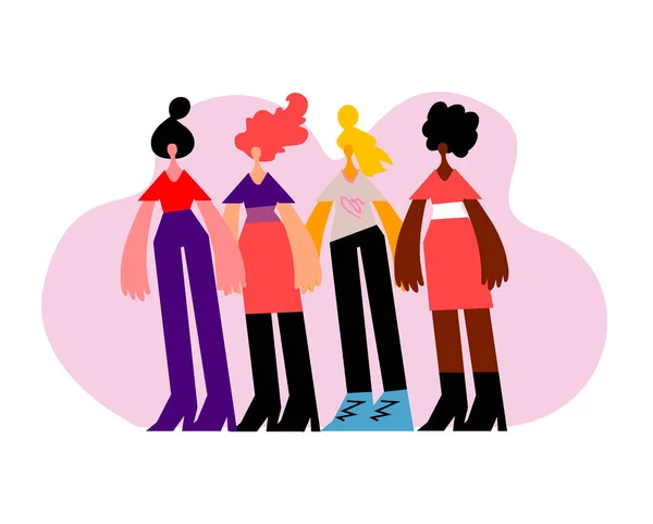 国籍や文化の異なる4人の女性が一緒に立っている 女性の友情 女性主義者や姉妹の組合 女性のエンパワメント運動の概念 — ストック写真