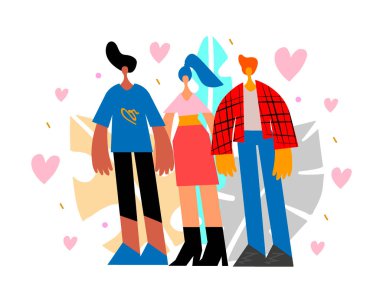 Polyamorous polygamous family. Two women and one man hugging each other. Nonmonogamous relationship concept. LGBTQ pride. Vector flat illustration. clipart