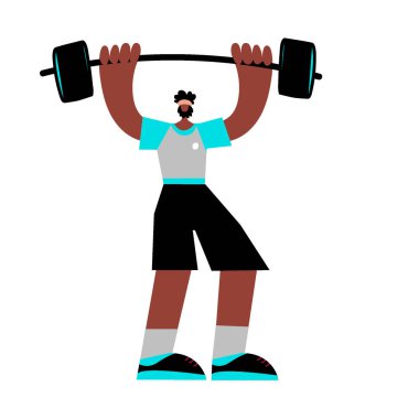 Afroamerican spotsman with a barbell. A black man lifts a barbell. The concept of sport and healthy lifestyle.