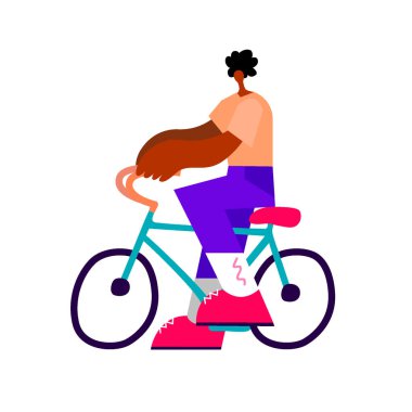 Male bicyclist riding a bicycle vector illustration isolated on white background. Sportsman biker in race. Boy enjoy in bike drive with backpack.