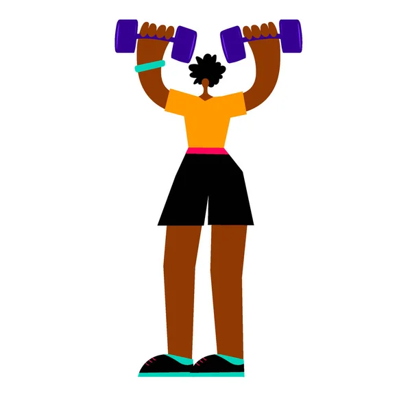 African-american strong sportswoman doing exercise with a dumbbell. Young woman lifting a heavy weight dumbbell. Weightlifter holding a dumbbell in the gym. Vector cartoon illustration.