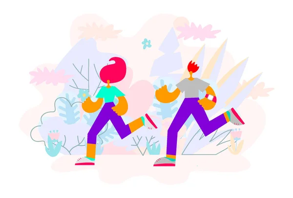 Mutlu çiftimiz Parkta koşuşturan. Erkek ve kadın fitness nişanlı. Sabah koşu. Etkin ve sağlıklı bir yaşam tarzı. Vektör çizim karikatür tarzı