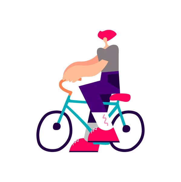 漫画ヒップスター男性自転車ベクトルフラットイラストに乗る 白い背景に隔離されたレトロバイクのアクティブなティーンエイジャーの男 若いカラフルな男自転車スポーツ運動を楽しむ — ストック写真