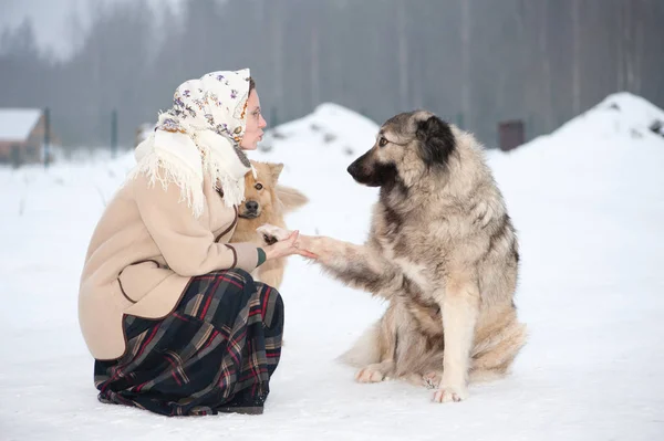Kız kış aylarında ormanın ortasında bir karlı zeminde Köpek eğitiyor. Kız bir ceket, uzun yün etek ve eşarp. Beyaz Bahçe çitin arkasında koruyan çoban.