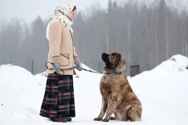 Kız kış aylarında ormanın ortasında bir karlı zeminde Köpek eğitiyor. Kız bir ceket, uzun yün etek ve eşarp. Beyaz Bahçe çitin arkasında koruyan çoban.