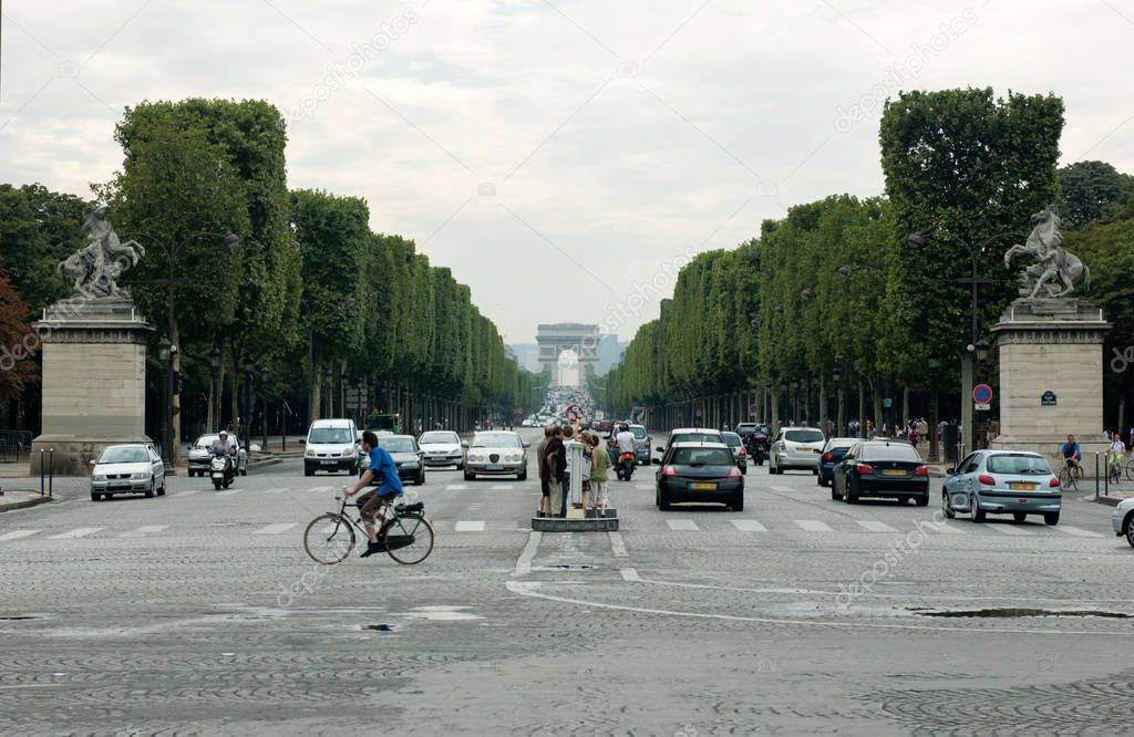 Perspective view from the Place de la Concorde on the Champs Elysees with the Arc de Triomphe