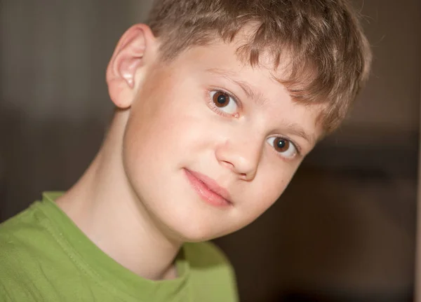 Portrait Garçon Avec Regard Droit Brun Yeux Dans Shirt Vert — Photo