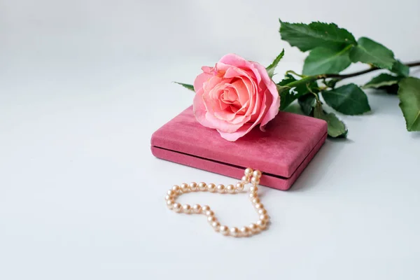 Pearl necklace on rose velvet box and pink one rose. Light background. Clouse-up.